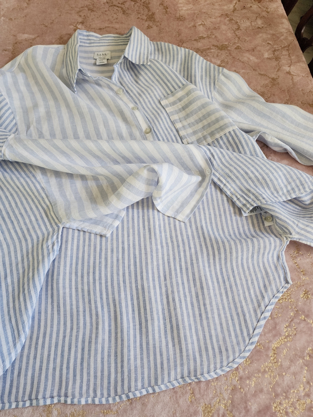 NICOLE MILLER | Light Blue & White Striped Button-Up Shirt 100% Linen - Picture 11 of 15